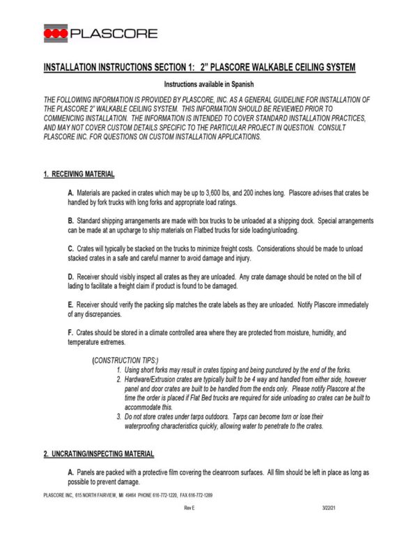 Installation Section 1 – 2in Walkable Ceiling