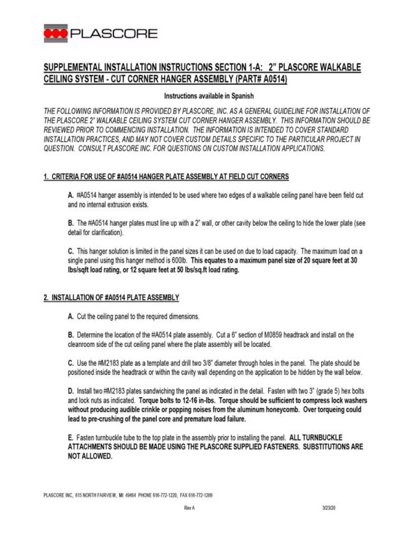Installation Section 1-A (supplemental) – Walkable Ceiling cut corner hanger