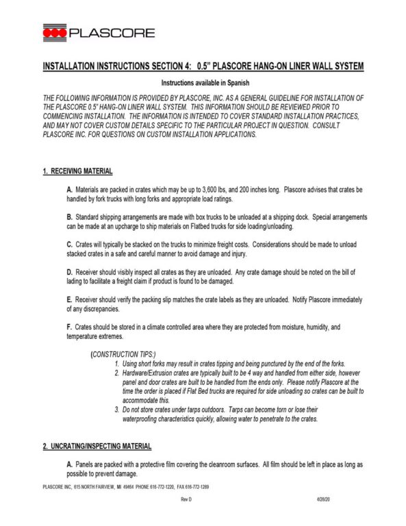 Installation Section 4 – 0.5in Hang On Liner Wall