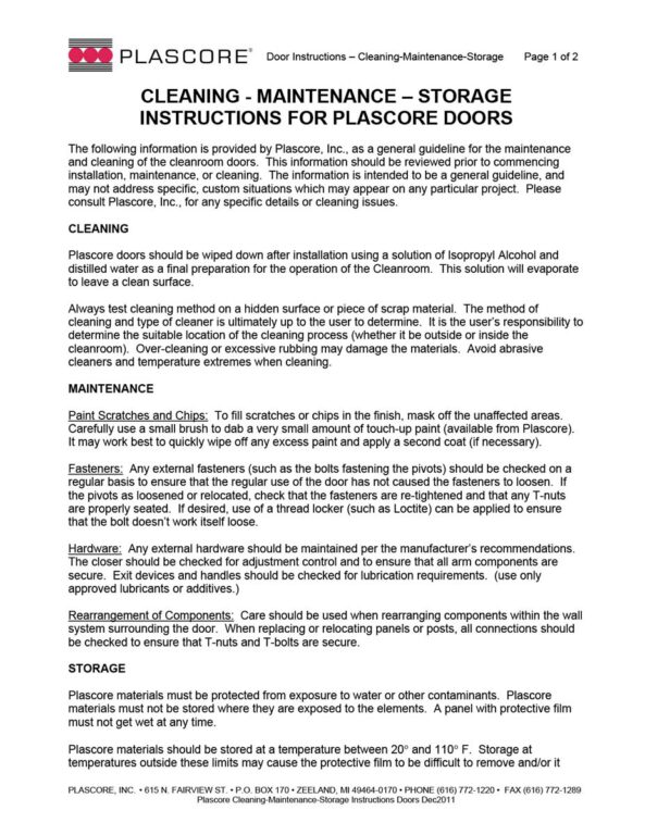 Plascore Cleaning-Maintenance-Storage Instructions Doors
