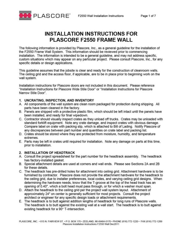 F2550 Wall Installation Instructions