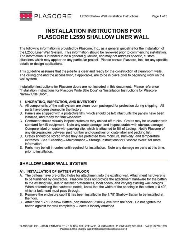 L2550 Shallow Wall Installation Instructions