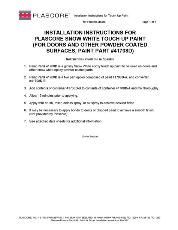 Pharma Touch Up Paint for Doors Installation Instructions