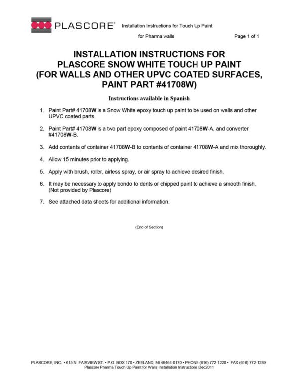 Pharma Touch Up Paint for Walls Installation Instructions